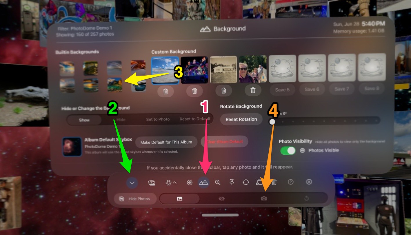 PhotoDome Background panel with numbered arrows showing the toolbar, Background button, background thumbnails, and quick background controls.